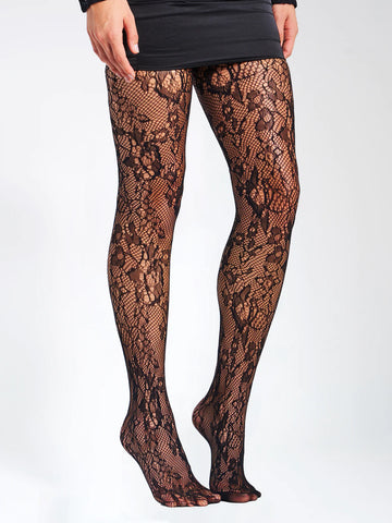 CHAUSSETTES HAUTES DE PRINTEMPS EN DENTELLE NOIRE À FLEURS