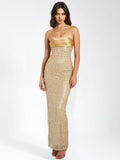 LAINEY GOLD SATIN SEQUIN PEARL BEADED MAXI DRESS