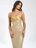 LAINEY GOLD SATIN SEQUIN PEARL BEADED MAXI DRESS