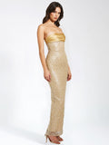 LAINEY GOLD SATIN SEQUIN PEARL BEADED MAXI DRESS