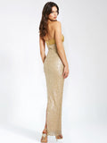 LAINEY GOLD SATIN SEQUIN PEARL BEADED MAXI DRESS