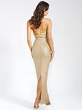 LAINEY GOLD SATIN SEQUIN PEARL BEADED MAXI DRESS