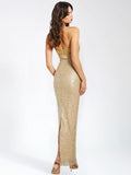 LAINEY GOLD SATIN SEQUIN PEARL BEADED MAXI DRESS