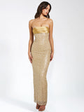 LAINEY GOLD SATIN SEQUIN PEARL BEADED MAXI DRESS