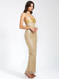 LAINEY GOLD SATIN SEQUIN PEARL BEADED MAXI DRESS