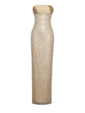 LAINEY GOLD SATIN SEQUIN PEARL BEADED MAXI DRESS