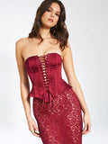 LUCINDA BURGUNDY SATIN LACE CORSET MAXI DRESS