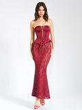 LUCINDA BURGUNDY SATIN LACE CORSET MAXI DRESS