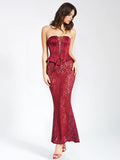 LUCINDA BURGUNDY SATIN LACE CORSET MAXI DRESS