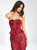 LUCINDA BURGUNDY SATIN LACE CORSET MAXI DRESS