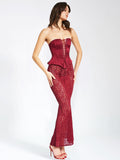 LUCINDA BURGUNDY SATIN LACE CORSET MAXI DRESS