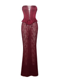 LUCINDA BURGUNDY SATIN LACE CORSET MAXI DRESS