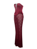 LUCINDA BURGUNDY SATIN LACE CORSET MAXI DRESS