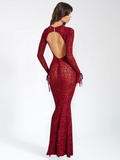 WAYLYNN BURGUNDY VELVET DETAIL MESH BACKLESS MAXI DRESS