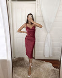 Aspen Midi Dress - Deep Red Satin