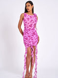 ALAINA FUCHSIA FLORAL RUFFLE MESH MINI DRESS