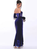 TAYLOR NAVY LONG SLEEVE CORSET VELVET GOWN