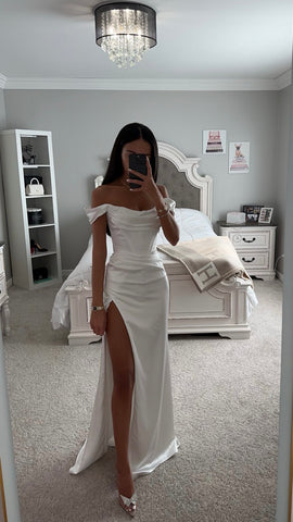 OFF WHITE SATIN OFF SHOULDER MAXI DRESS