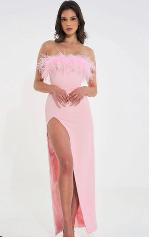 RAQUEL PINK FEATHER HIGH SLIT MAXI DRESS