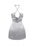 ROSETTE SILVER SATIN HALTER MINI DRESS