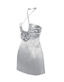 ROSETTE SILVER SATIN HALTER MINI DRESS