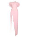 RAQUEL PINK FEATHER HIGH SLIT MAXI DRESS