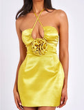 ROSETTE GOLD SATIN HALTER MINI DRESS