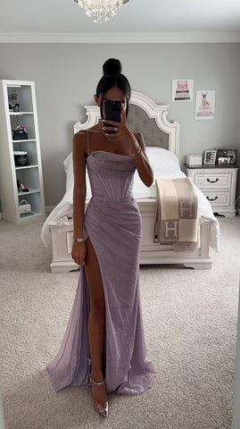 LAVENDER GLITTERY CORSET LACE BACK SLIT GOWN