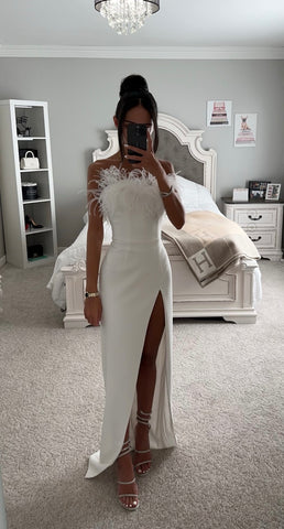 RAQUEL WHITE FEATHER HIGH SLIT MAXI DRESS