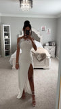 RAQUEL WHITE FEATHER HIGH SLIT MAXI DRESS