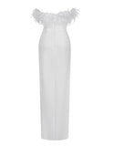 RAQUEL WHITE FEATHER HIGH SLIT MAXI DRESS