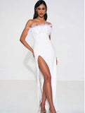 RAQUEL WHITE FEATHER HIGH SLIT MAXI DRESS