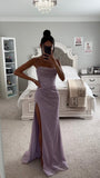 LAVENDER GLITTERY CORSET LACE BACK SLIT GOWN