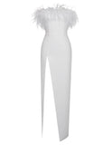 RAQUEL WHITE FEATHER HIGH SLIT MAXI DRESS