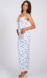 BLUE FLORAL PRINT SATIN LACE MAXI DRESS