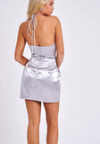 ROSETTE SILVER SATIN HALTER MINI DRESS