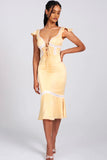 ZORA YELLOW SATIN LACE FLARE MIDI DRESS