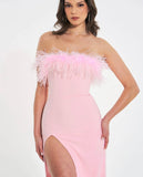 RAQUEL PINK FEATHER HIGH SLIT MAXI DRESS