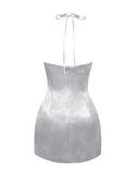 ROSETTE SILVER SATIN HALTER MINI DRESS