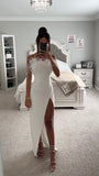 RAQUEL WHITE FEATHER HIGH SLIT MAXI DRESS