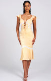 ZORA YELLOW SATIN LACE FLARE MIDI DRESS