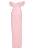 RAQUEL PINK FEATHER HIGH SLIT MAXI DRESS