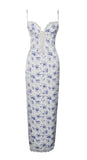 BLUE FLORAL PRINT SATIN LACE MAXI DRESS