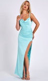 TIFFANY BLUE HIGH SLIT BACKLESS GOWN