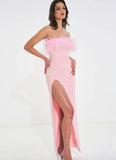 RAQUEL PINK FEATHER HIGH SLIT MAXI DRESS