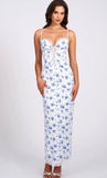 BLUE FLORAL PRINT SATIN LACE MAXI DRESS