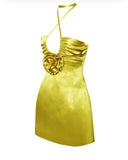 ROSETTE GOLD SATIN HALTER MINI DRESS