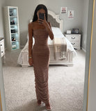 ROSE GOLD RUCHED CHIFFON MAXI DRESS