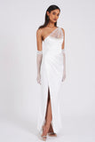 SCARLET WHITE CRYSTAL MESH SATIN GOWN