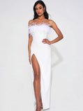 RAQUEL WHITE FEATHER HIGH SLIT MAXI DRESS